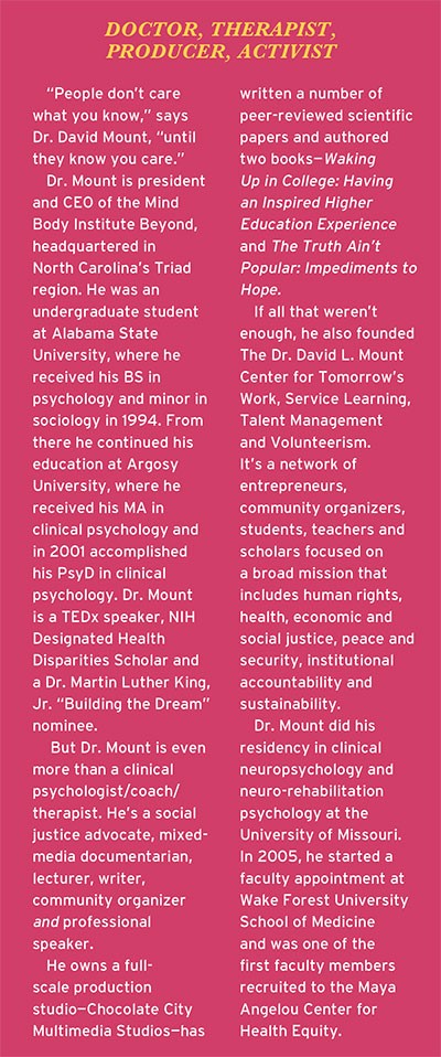 Text on a magenta background describing Dr. David Mount's accomplishments as a doctor, therapist, producer, and activist.
